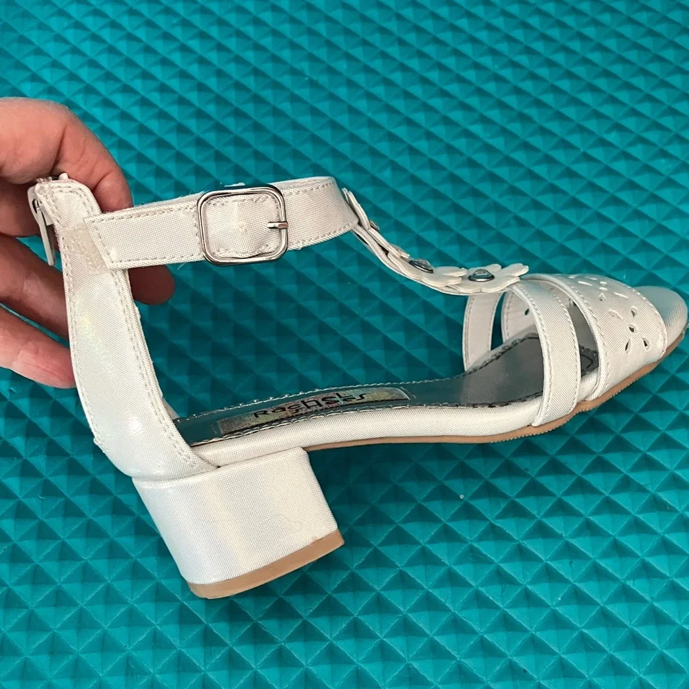 Rachel Shoes Carlee Ankle Strap Flower White Sandal Heels | 12